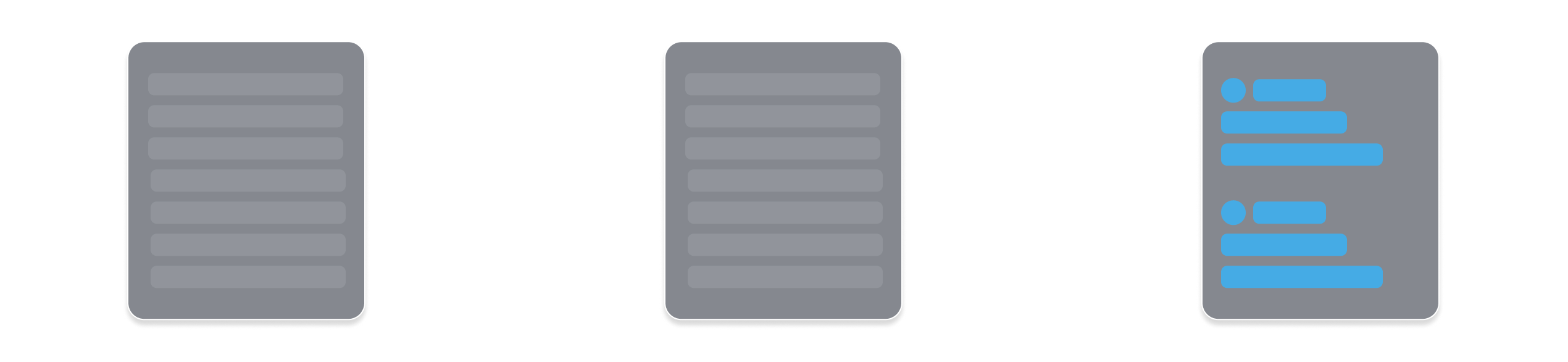 Diagram with three sections, with an arrow transitioning each section in between. The first section contains a page rectangle showing a glimmer loading state with faded bars. The second panel shows the same page. The third panel shows the entire the page revealed and highlighted in blue.