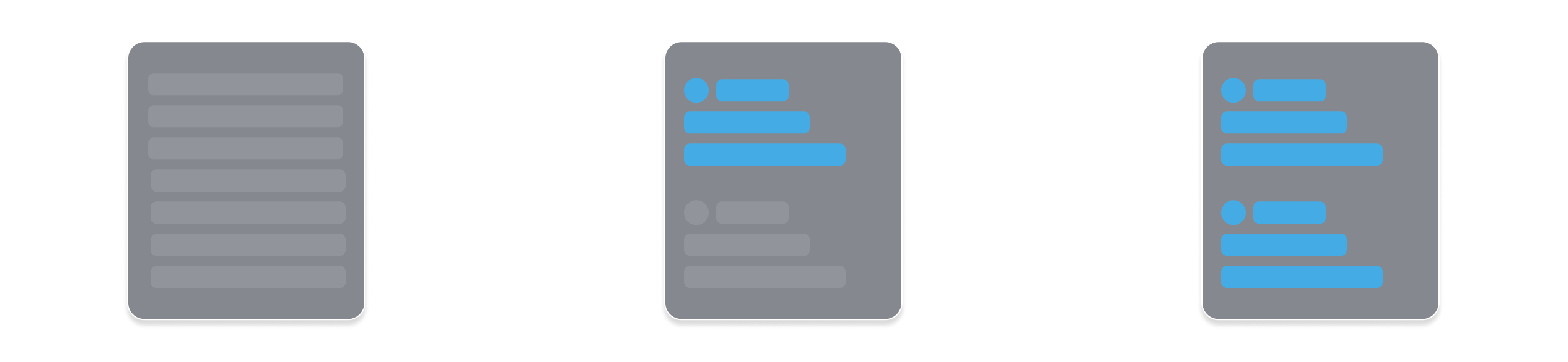 Diagram with three sections, with an arrow transitioning each section in between. The first section contains a page rectangle showing a glimmer loading state with faded bars. The second panel shows the top half of the page revealed and highlighted in blue. The third panel shows the entire the page revealed and highlighted in blue.